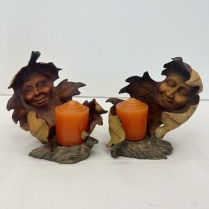 Set VTG '97 Oak Leaf Face Candle Holders Anthropomorphic Innovation Fall Decor